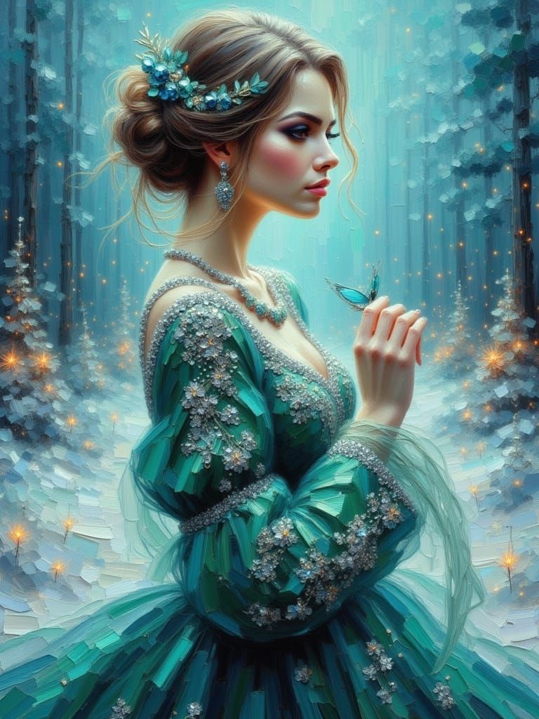 Siberian Woman in Impasto Style with Aurora