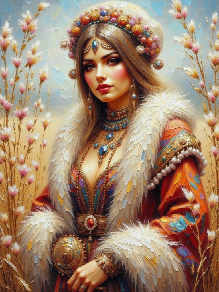Siberian Woman in Traditional Dress as Impasto Painting