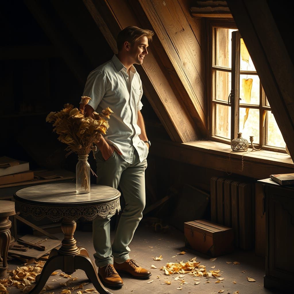 Ethereal Gentleman Lost in Nostalgic Attic
