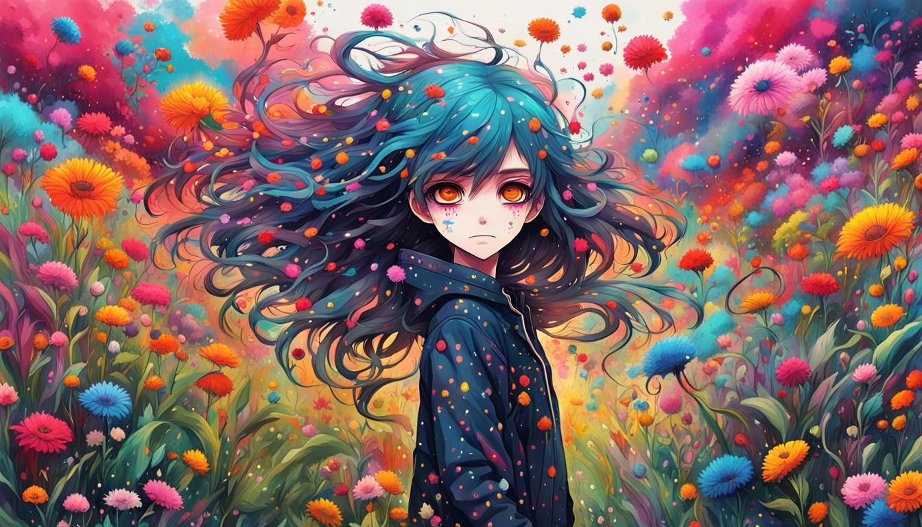 Anime Character in Flower Field: Graffiti Art Style