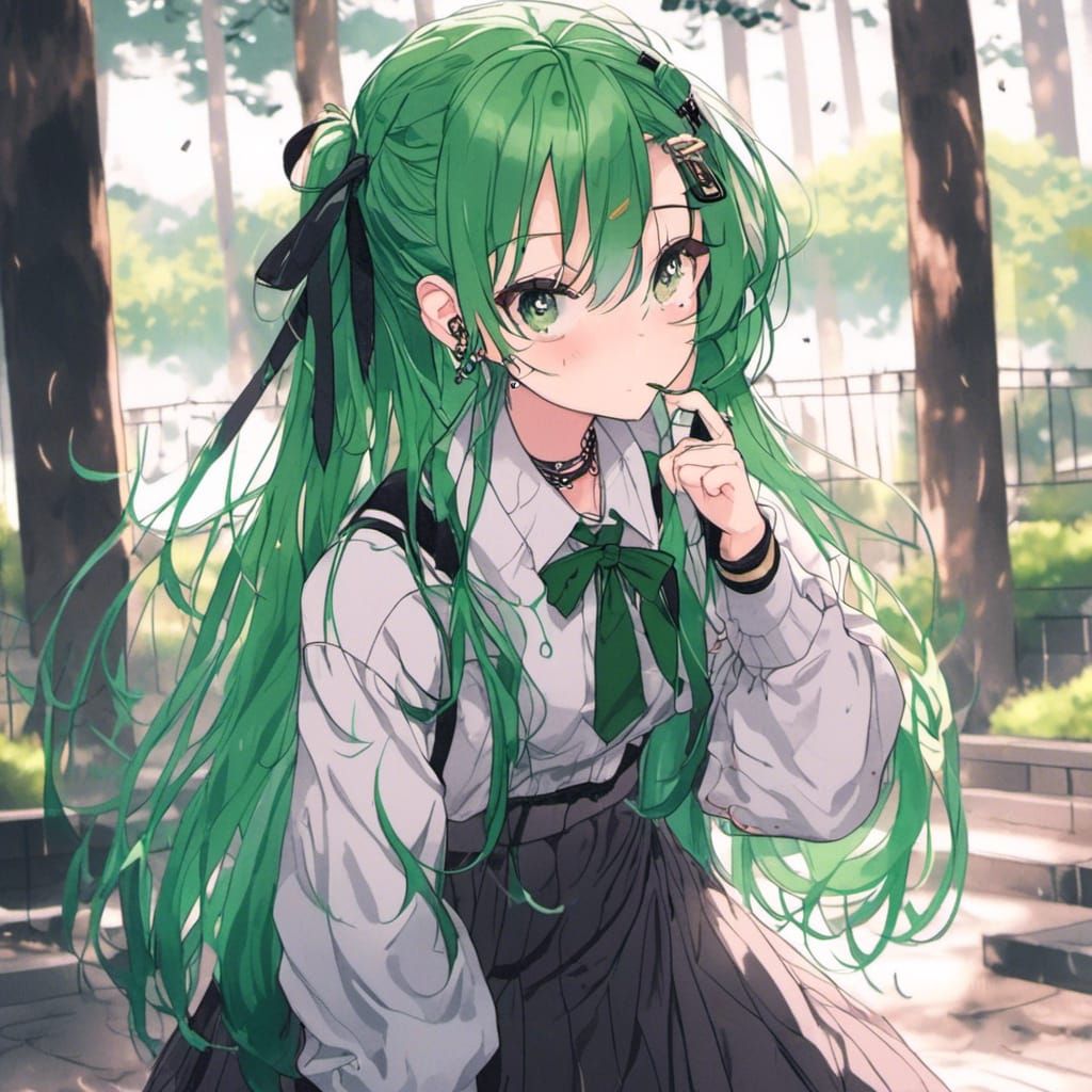 Anime Schoolgirl with Green Hair and Eyes