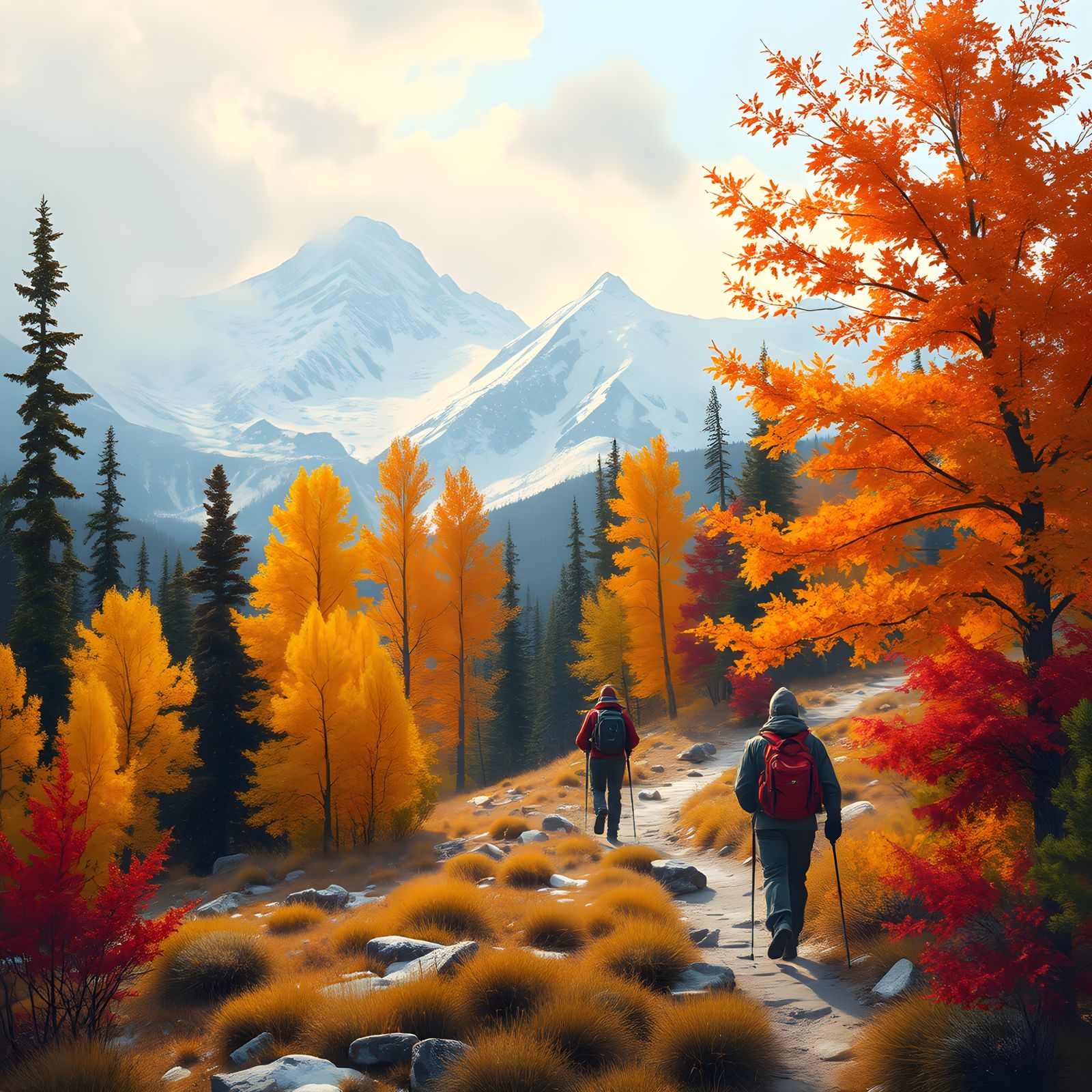 Autumn Hikers Trek Through Snowy Mountains