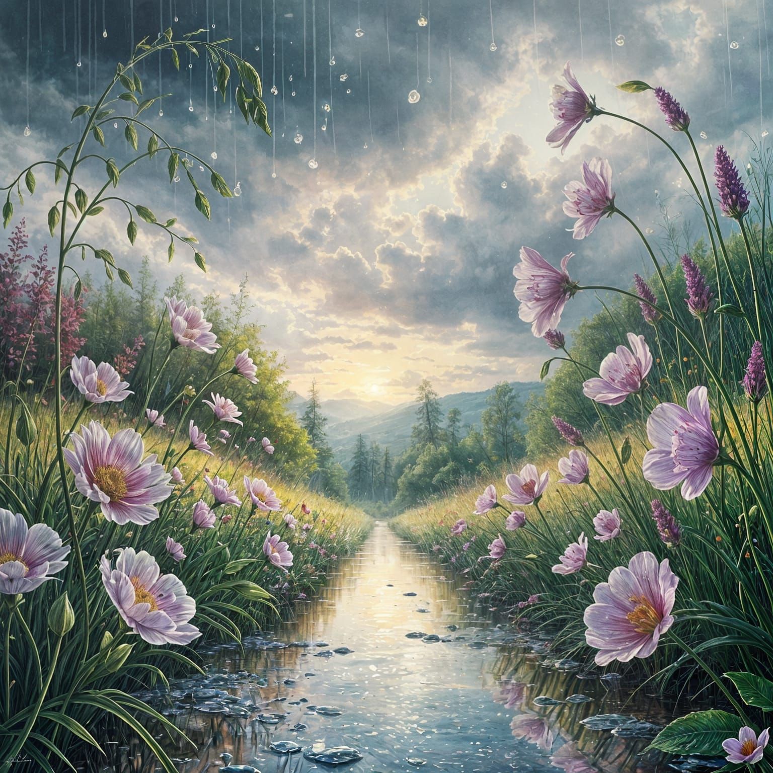 Whimsical Spring Watercolour Scene with Rainy Sky