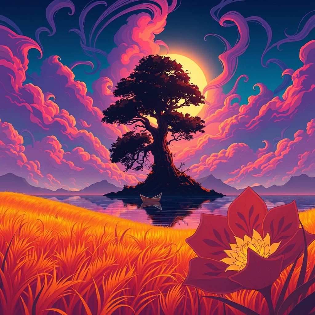 Dreamlike Landscape with Majestic Tree and Vibrant Clouds