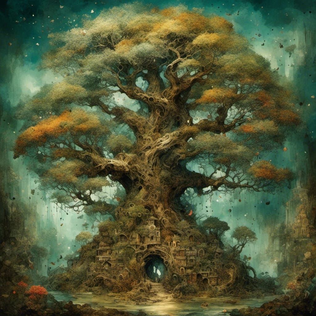 Ancient Tree in Collage Art Style