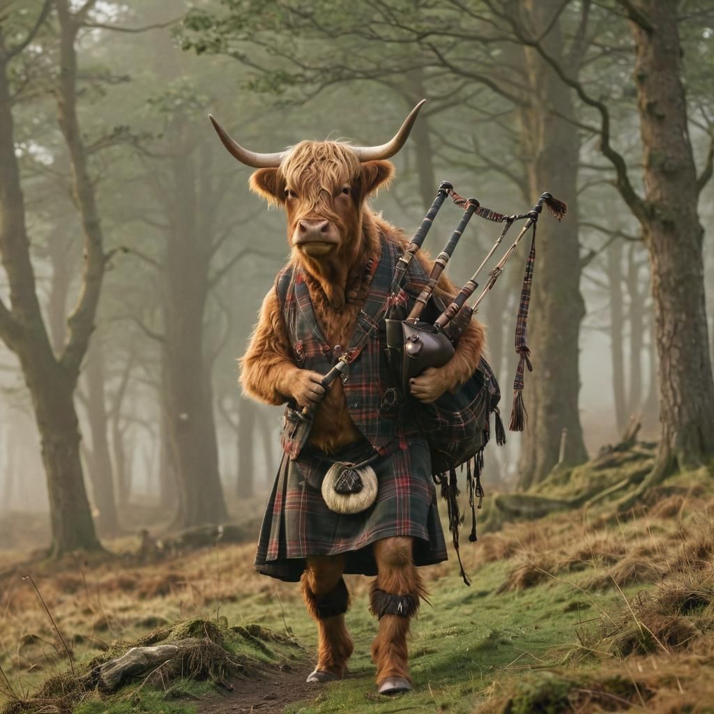 Highland Cow Plays Bagpipes in Misty Glen