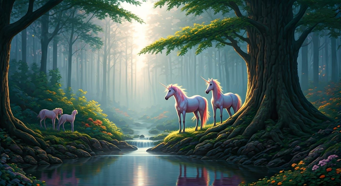 Unicorns at Misty Spring: An Oil Painting
