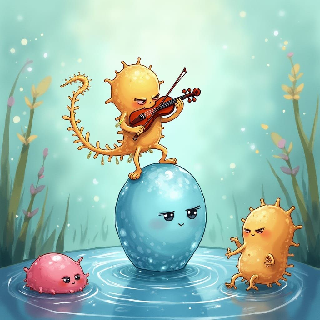 Grumpy Amoeba Plays Violin on Water Droplet in Watercolor St...