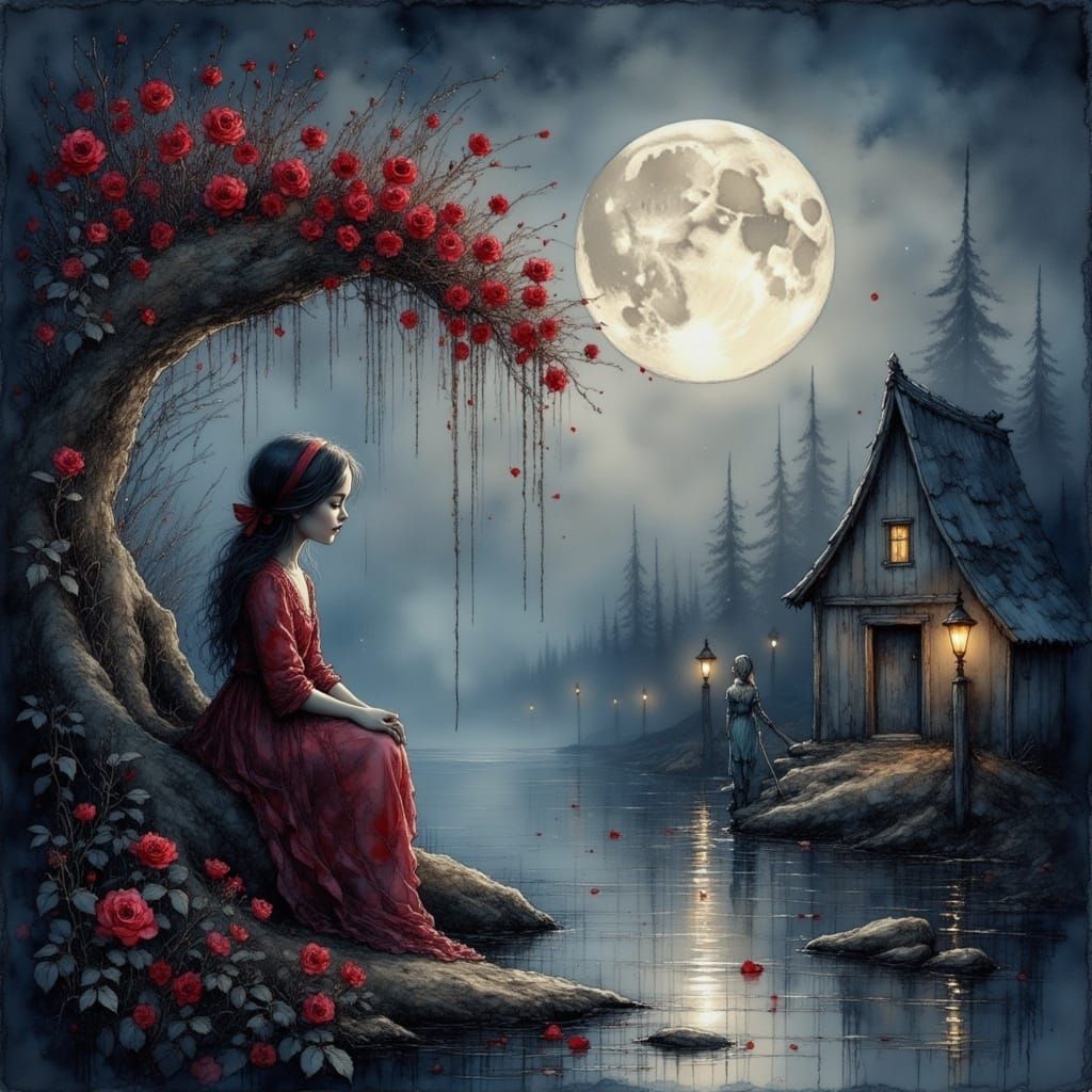 Surreal Moonlit Rose in a Haunting, Impressionist Style
