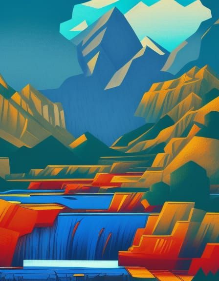 Cubist Woodblock Print: Waterfall and Mountain Landscape