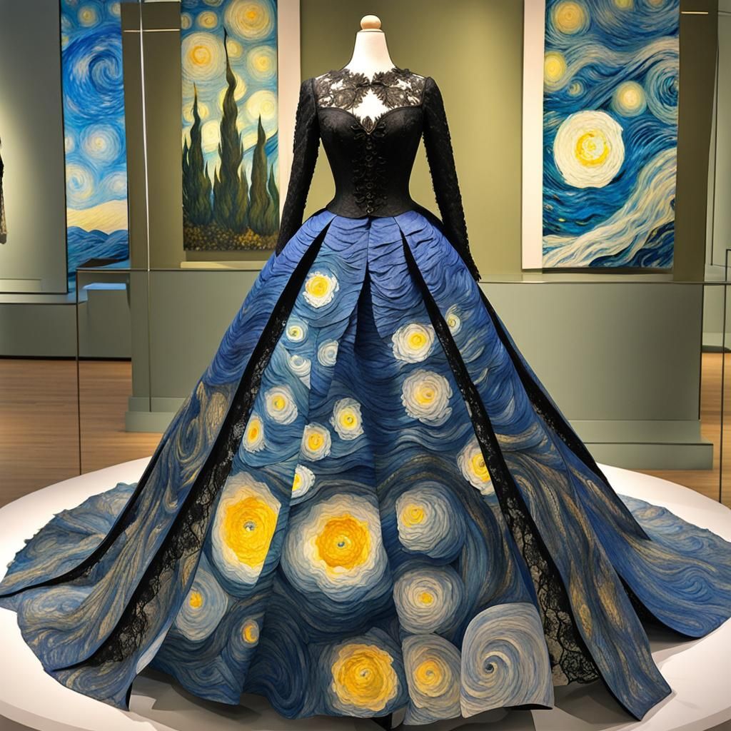 Van Gogh Starry Night Paper Collage Ballgown, Intricate Long Sleeved Lace Bodice, Multilayer Watercolor Paper Skirt, Got...