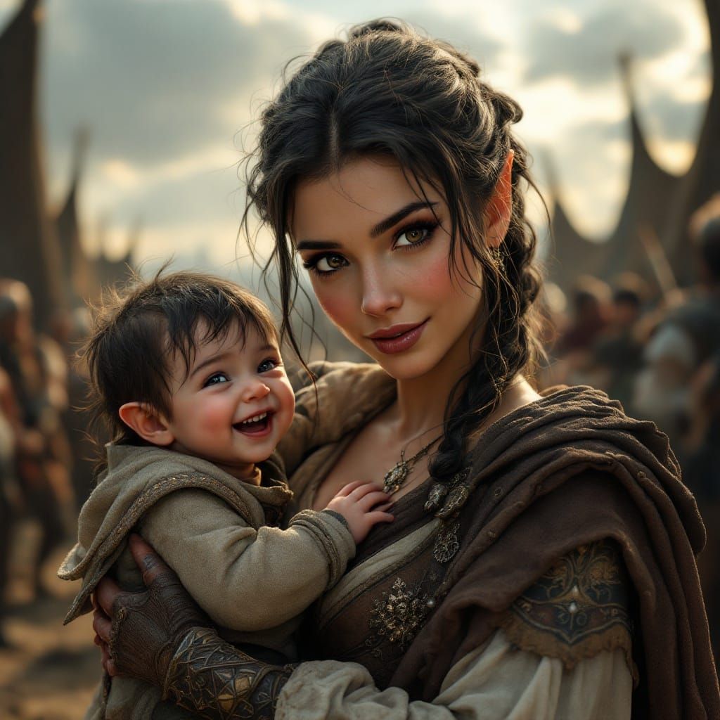 Woman and Baby in Medieval Camp, Oil Realism