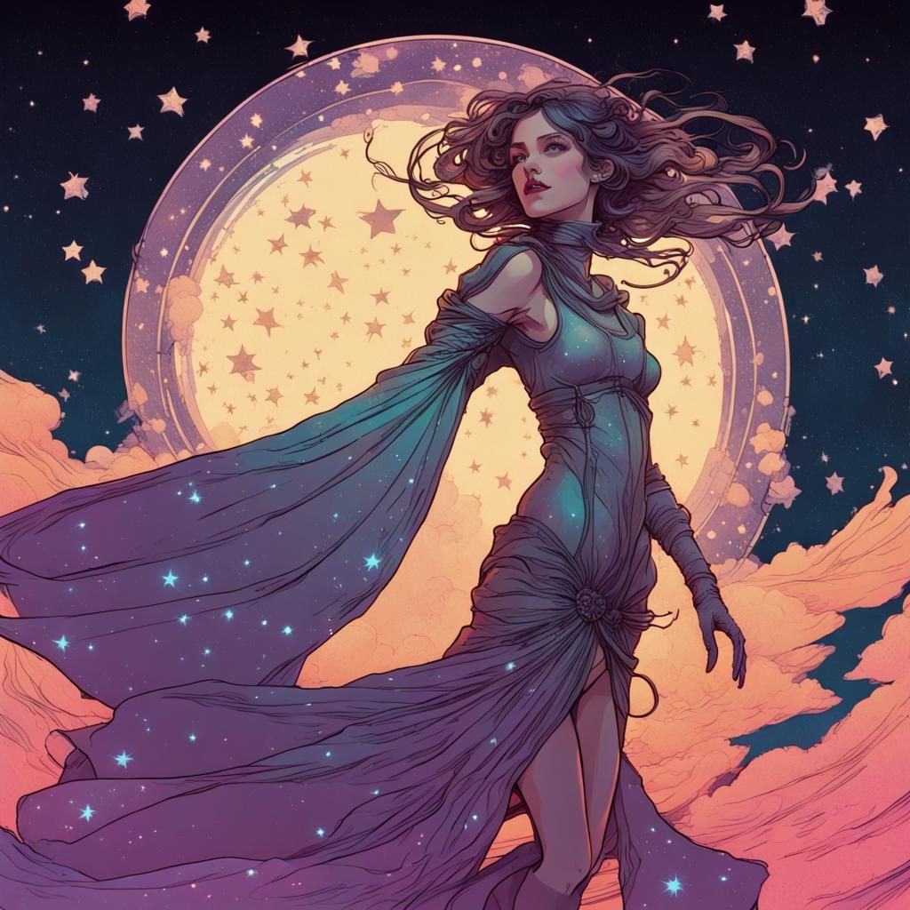 Faery Woman in Star Dress, Alphonse Mucha Style