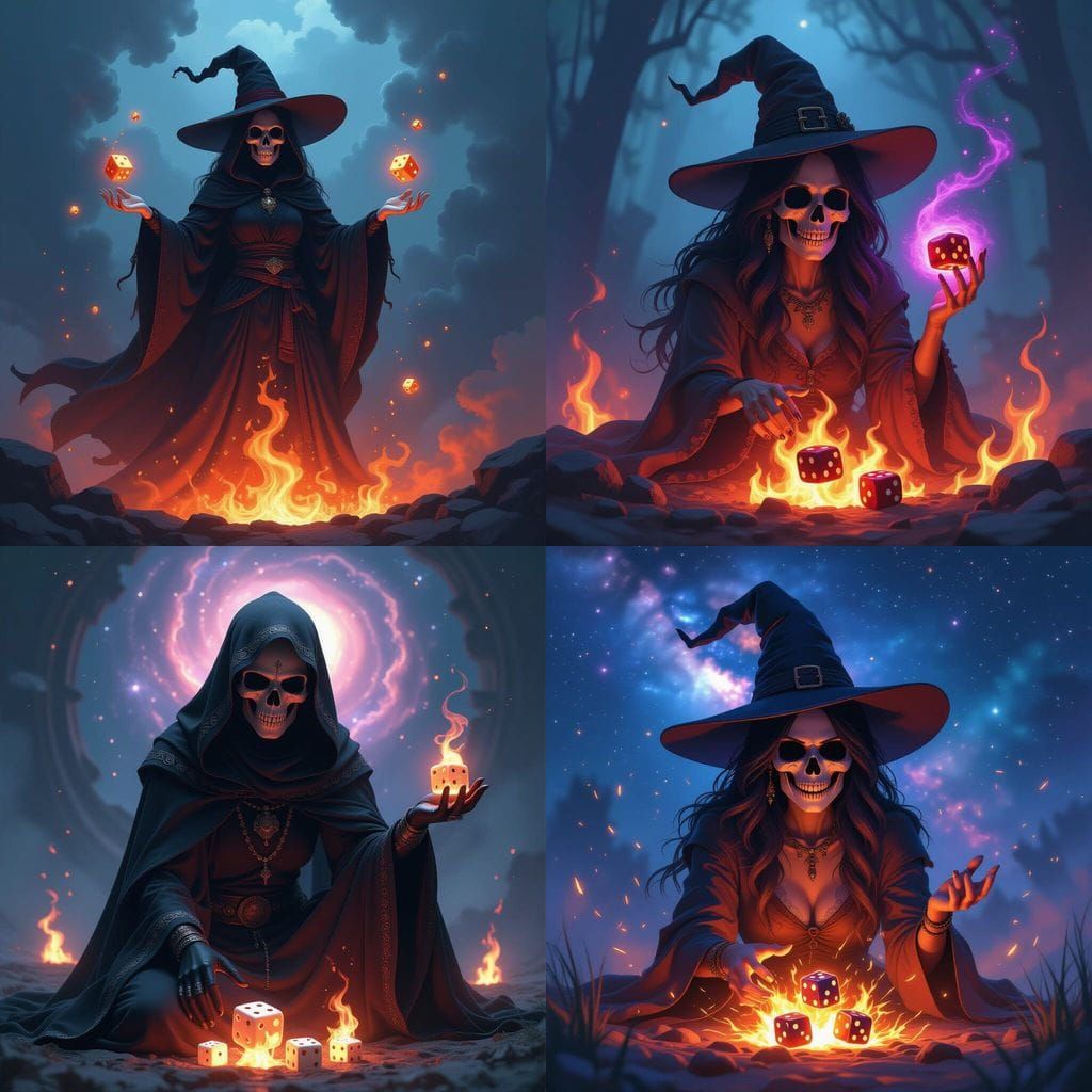 Skull Witch Rolls Dice in Fiery Galaxy