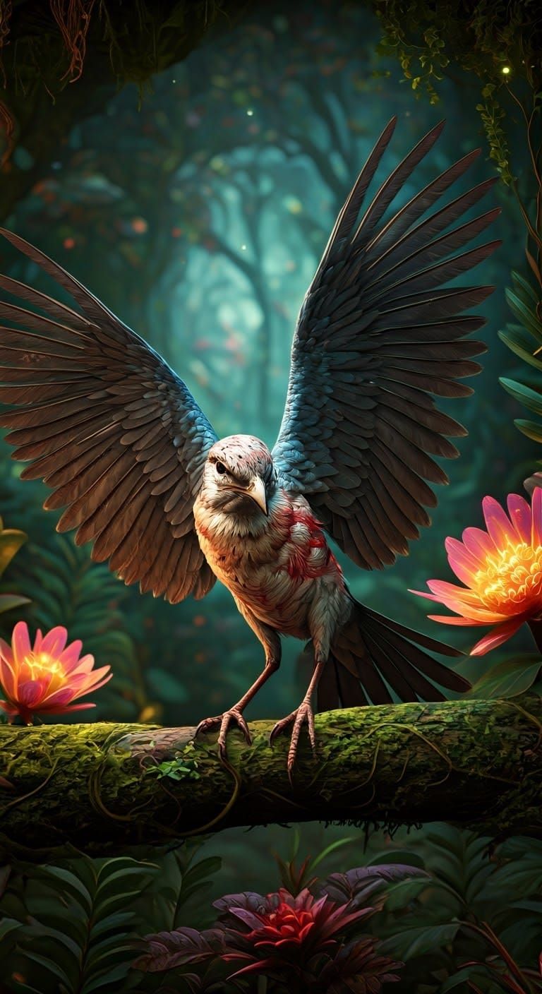 Delicate Injured Bird in Dreamlike Fantasy Environment