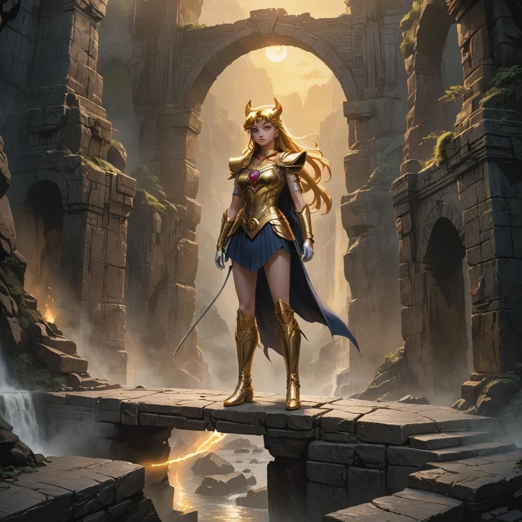 Mystical Warrior on Ancient Bridge in Anime Style