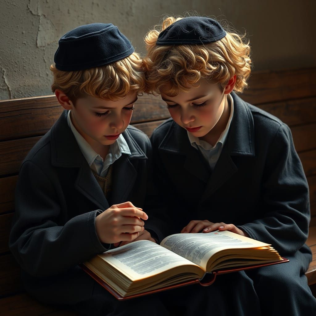 Young Haredi Boys Study in Warm, Golden Light