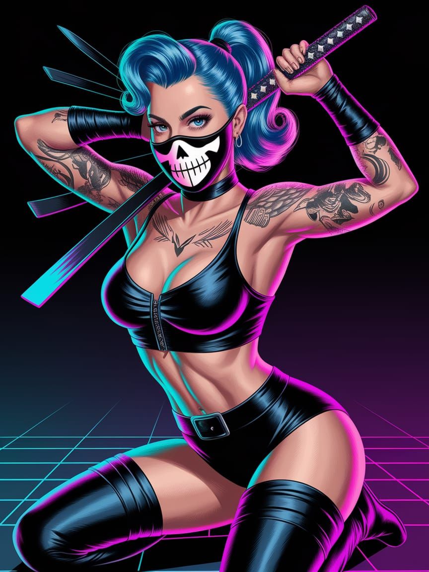 1950s Pinup Ninja with Misfits Skull Mask in Neon City