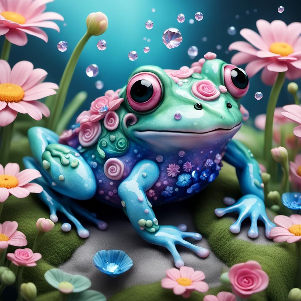 a hyper-realistic kawaii frog with a large, swirled shell th...