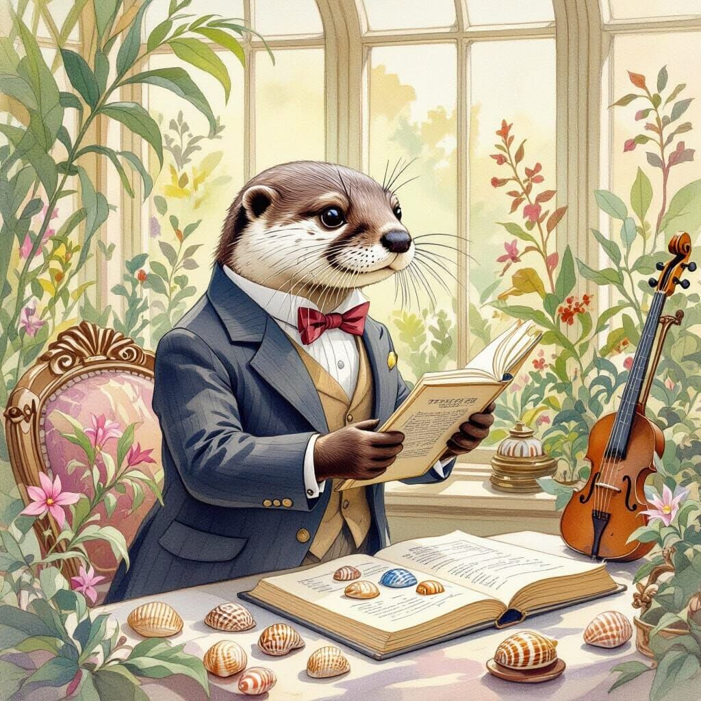 Dapper Otter Curates Shells in Whimsical Conservatory