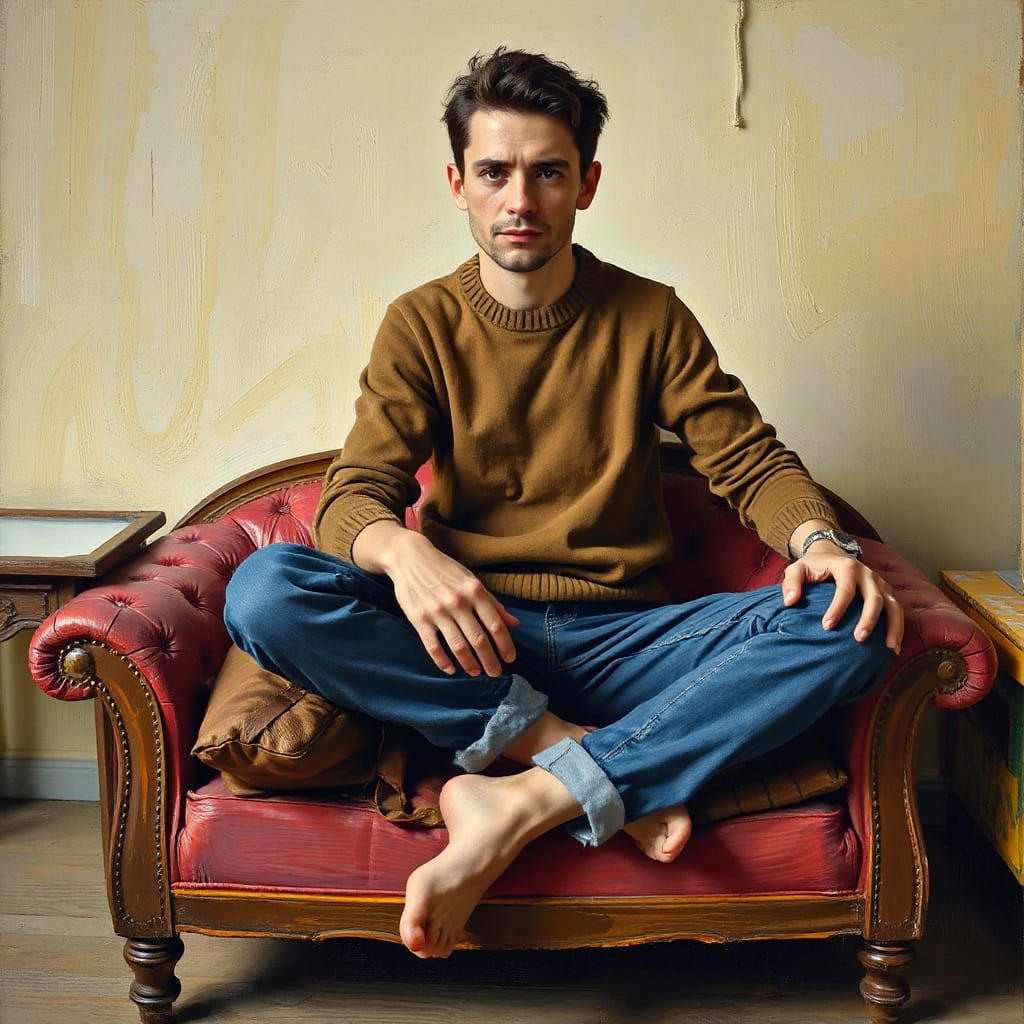 Reluctant Man Rises from Vintage Couch in Expressionist Styl...