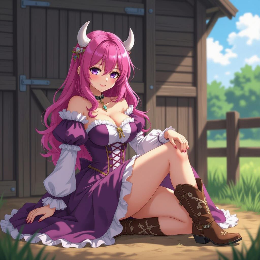 Pink Haired Woman on Farm in Victorian Cow Print Gown