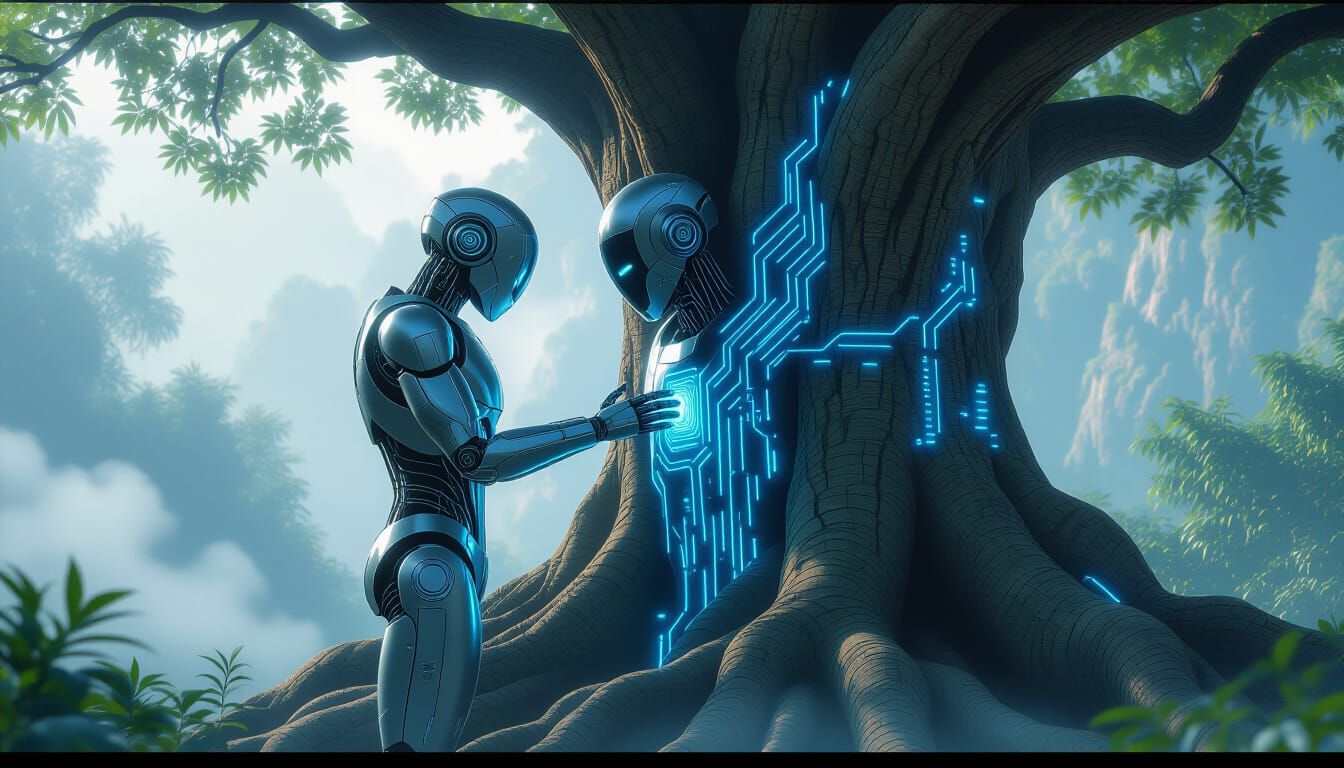 Robot Merging With Bioluminescent Tree in Futuristic Landsca...