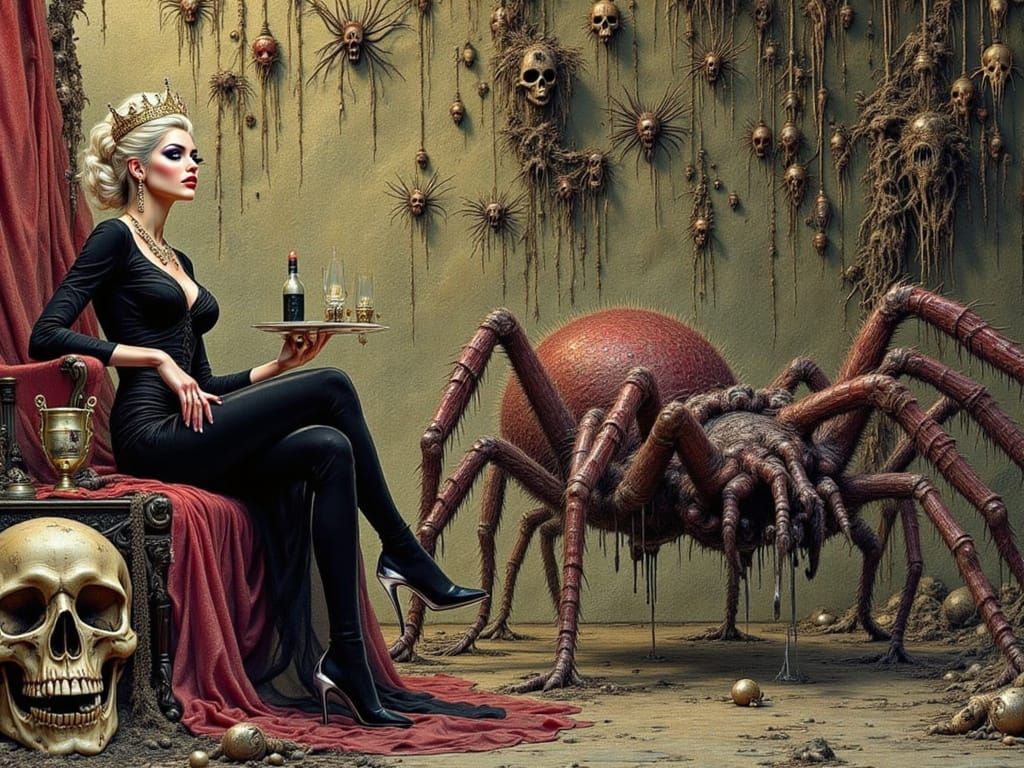 Wicked Queen and Spider in Dark Fantasy Cave