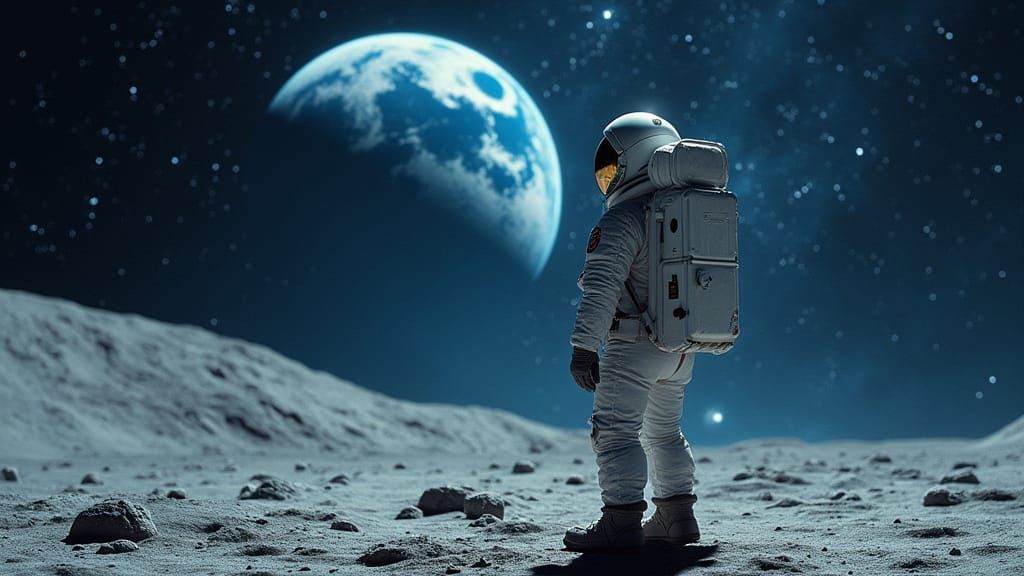 Astronaut Gazing at Moon with Earth and Stars