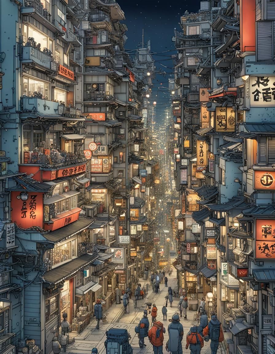 Futuristic Tokyo Neighborhood in Tintin Comic Style
