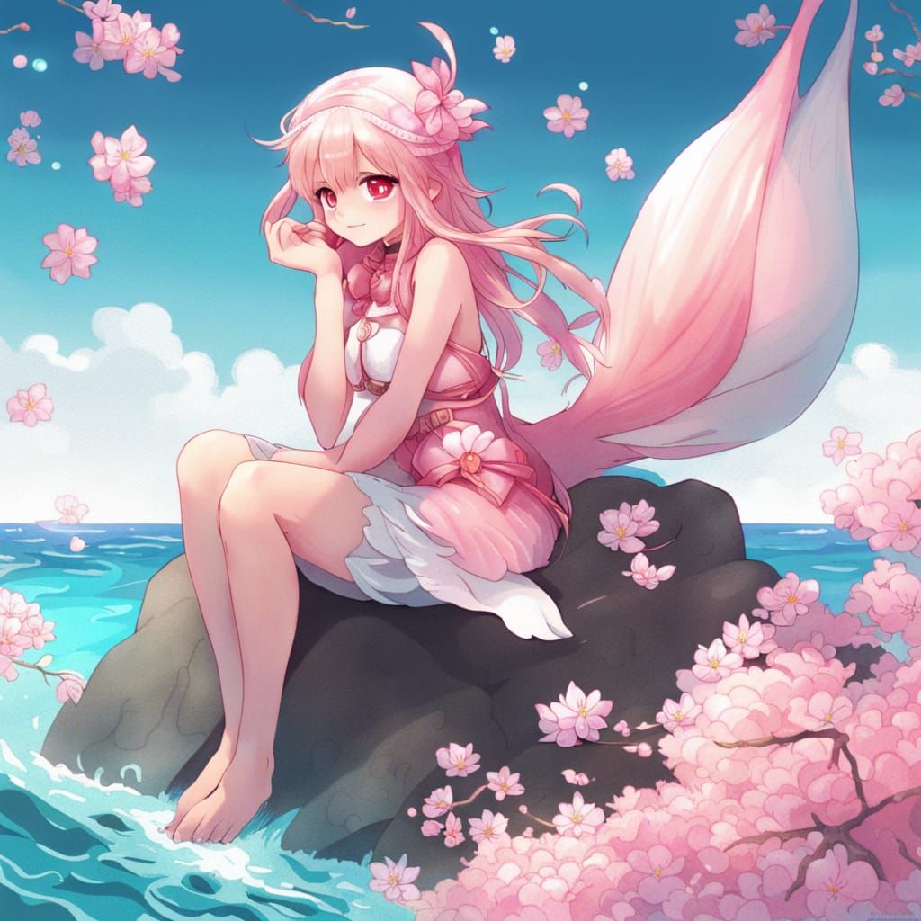 Pink Cherry Blossom Mermaid in Anime Style