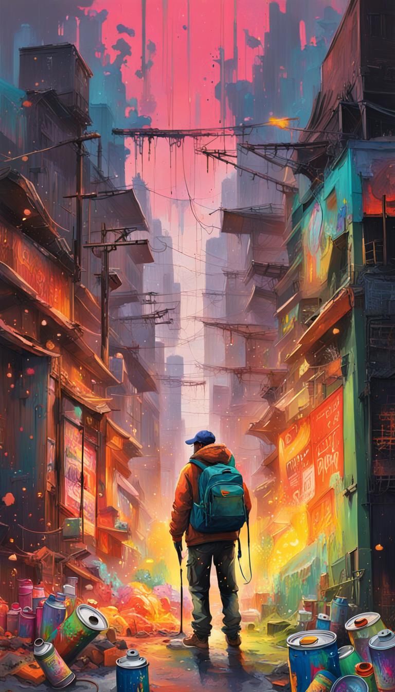 Graffiti Artist in a Vibrant Urban Explosion
