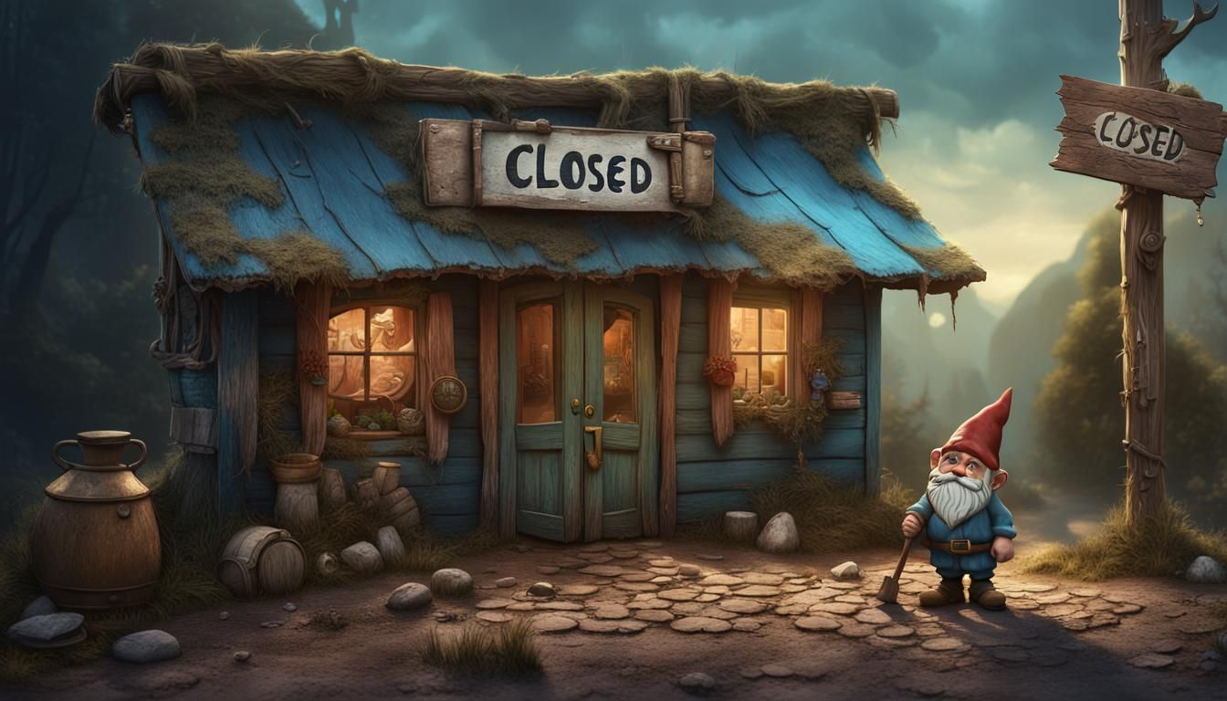 Sad Gnome Leaving Closed Whimsical Shop
