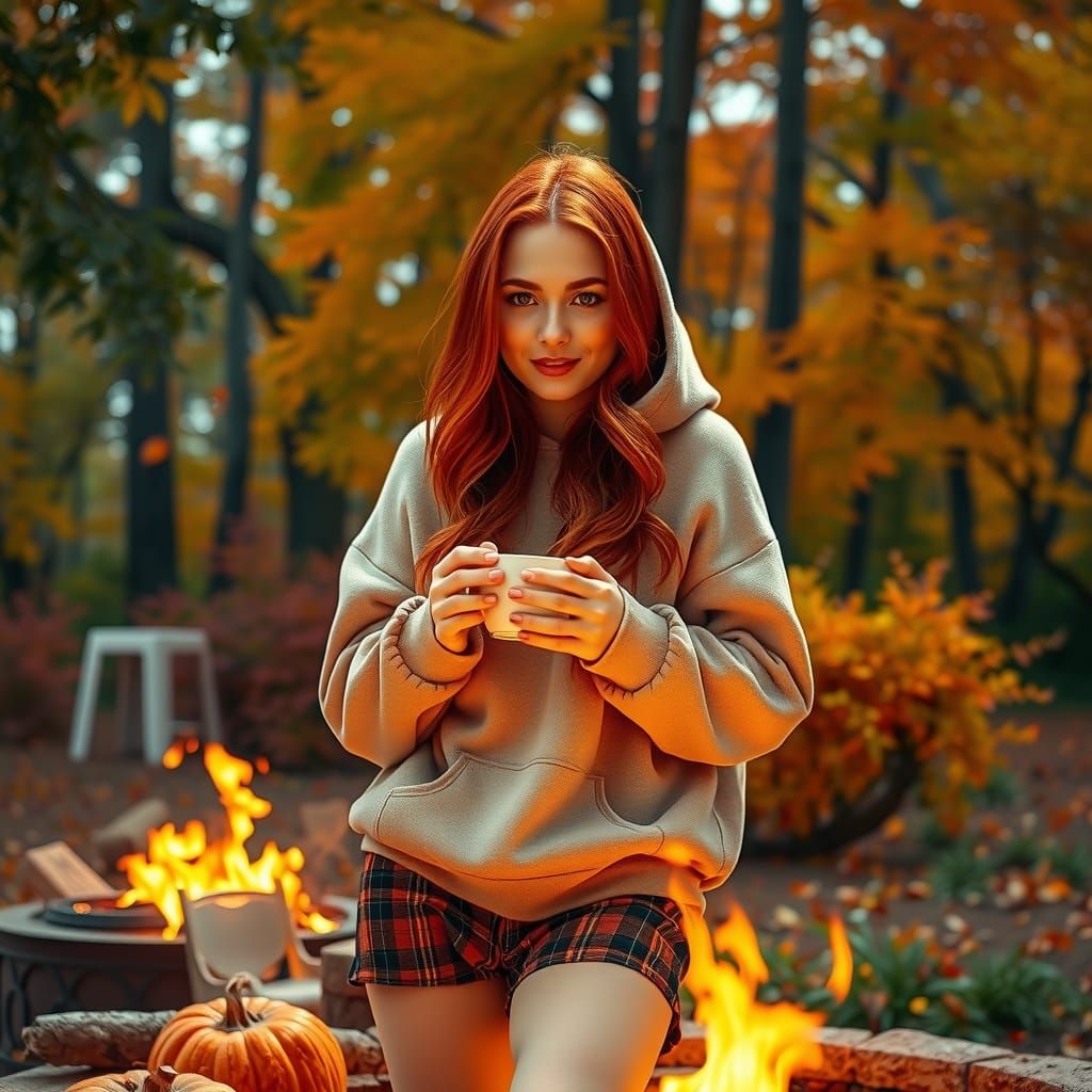 Redhead with Pumpkin Spice Coffee by Fire Pit