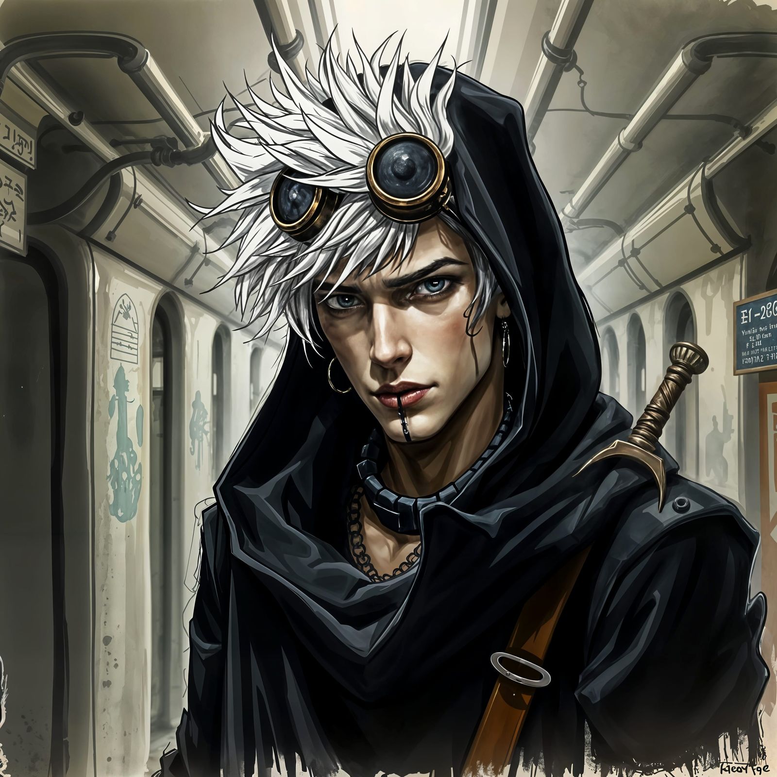 Steampunk Man in Subway, Charcoal and Watercolor Sketch