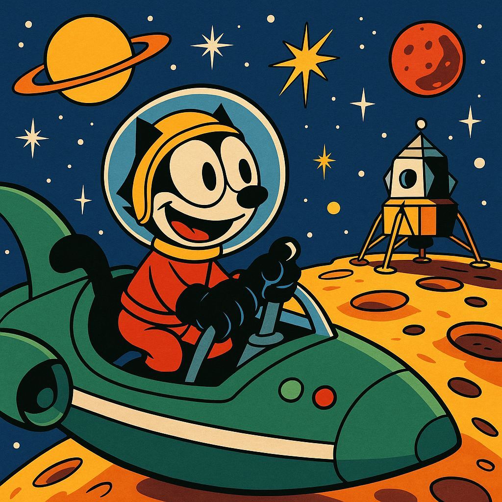 Felix the Cat as Spaceship Pilot in Retro Cartoon Style