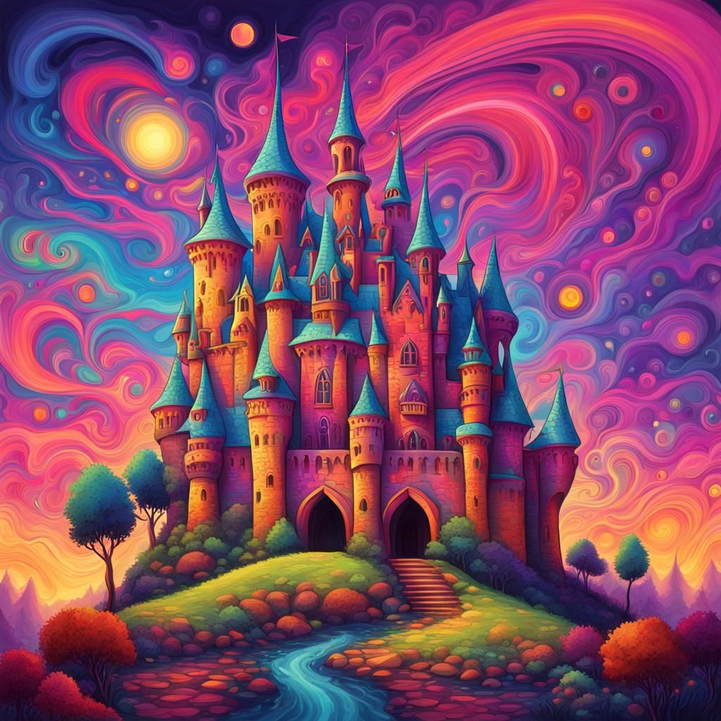 Psychedelic Fantasy Castle in Vibrant Colors