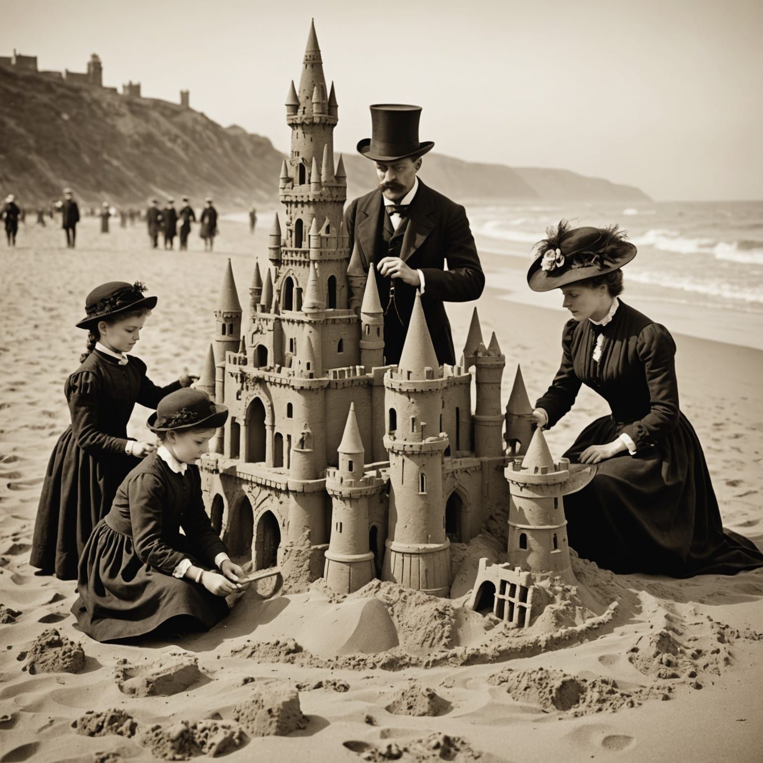 Victorian Family's Elaborate Beach Sandcastle