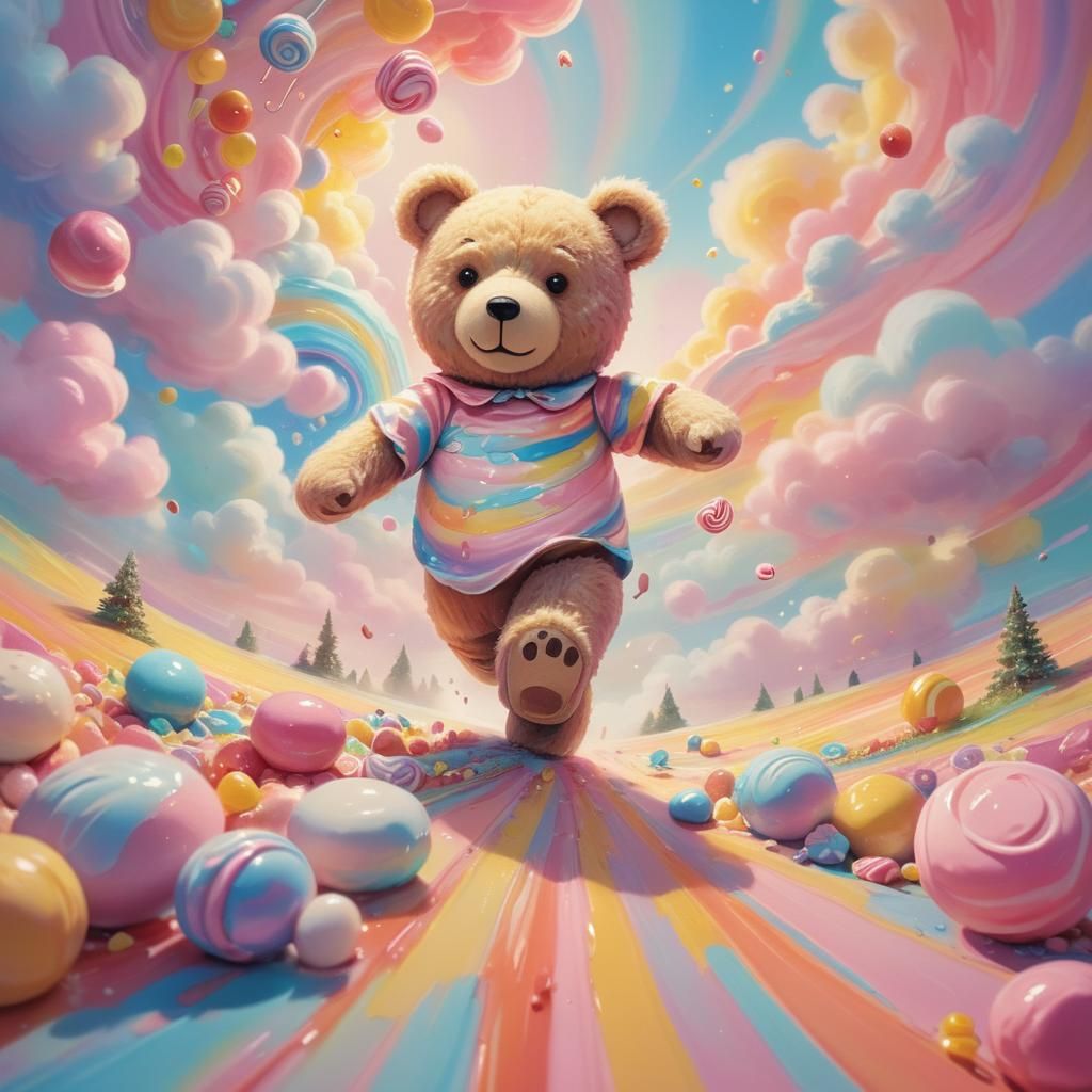 Teddy Bear in Candy Land: Gouache Pastel Dreamscape