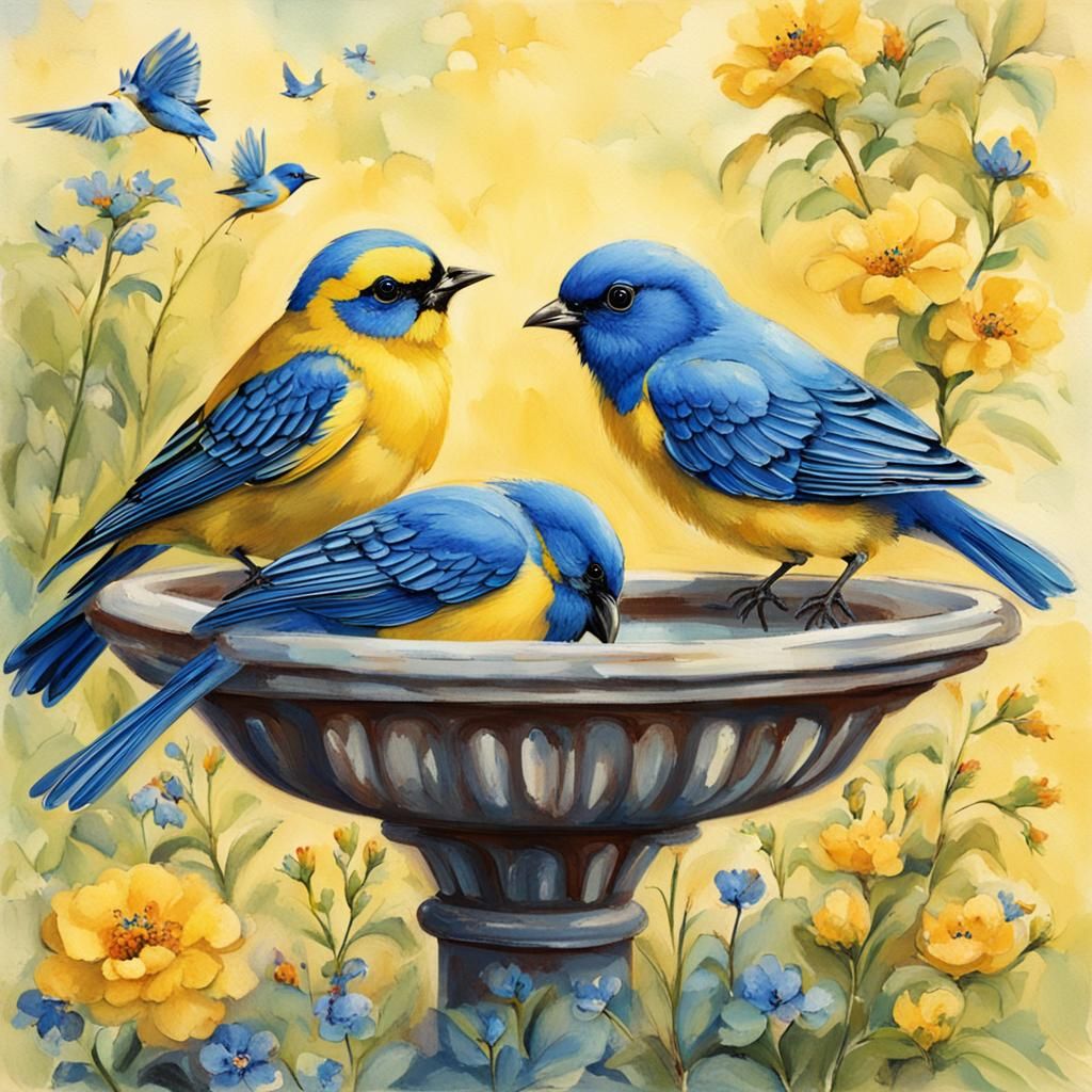 Yellow and Blue Birds at Birdbath