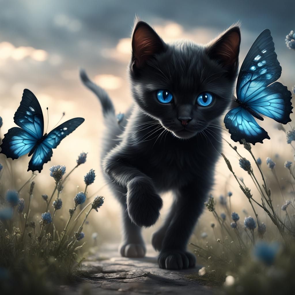 Kitten's Fantasy: Black Lace Kitten and Butterfly