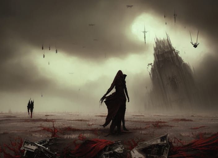 Hooded Figure in Wasteland Boneyard: Dark Watercolor Art