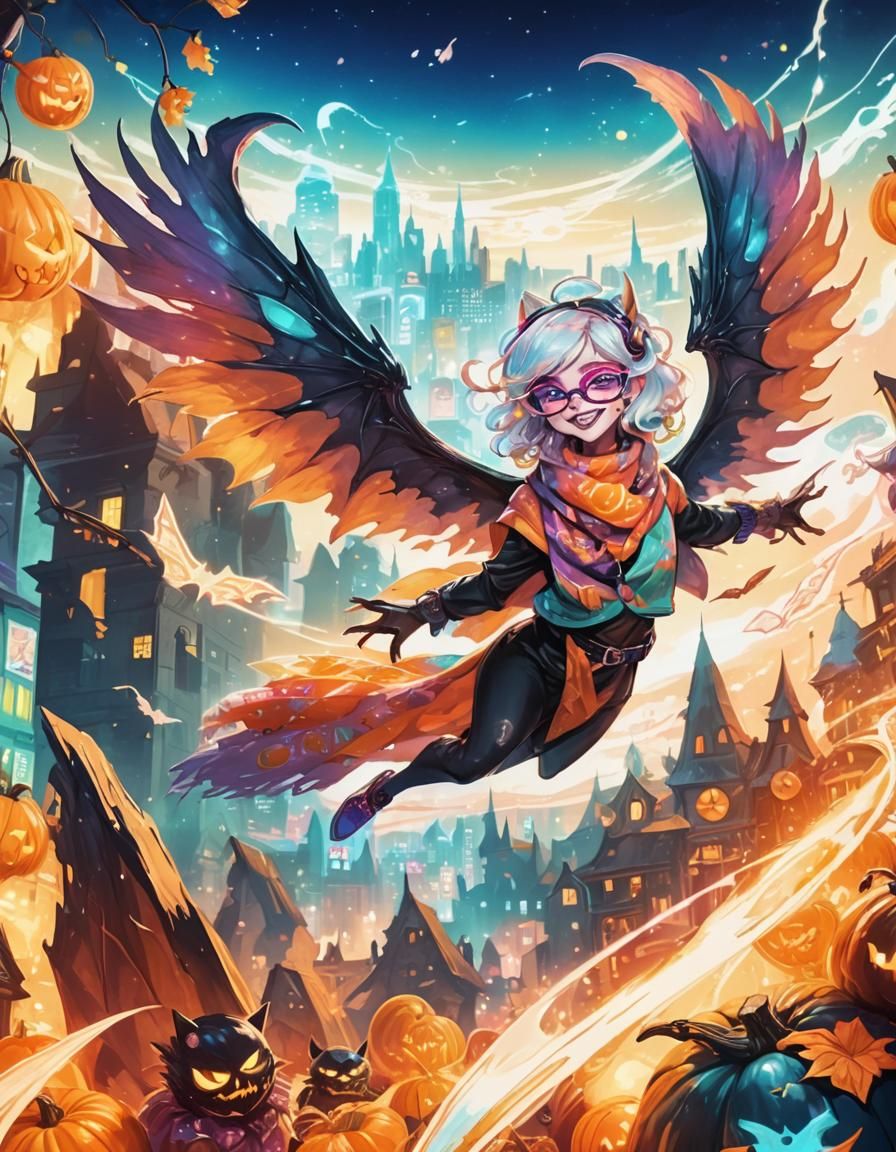 Creepy Cute Monster Girl in Neon Halloween Dreamscape