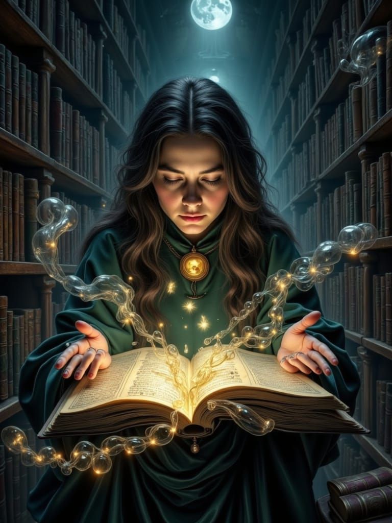 Sorceress Deciphers Glowing Manuscript in Ancient Library