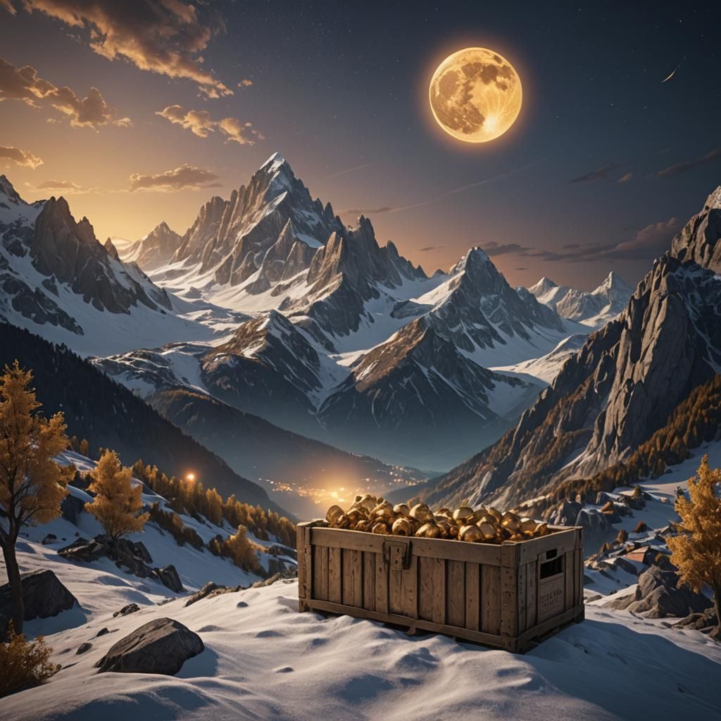 Giant Crate in Alps Under Golden Moon