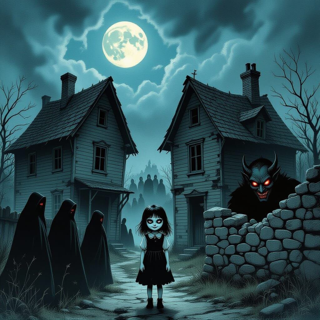 Gothic Illustration of Haunted Houses and Shadow Figures