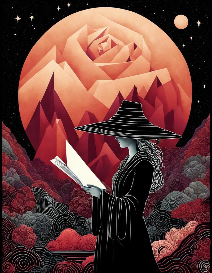 Contemplative Character in Surreal Origami Style