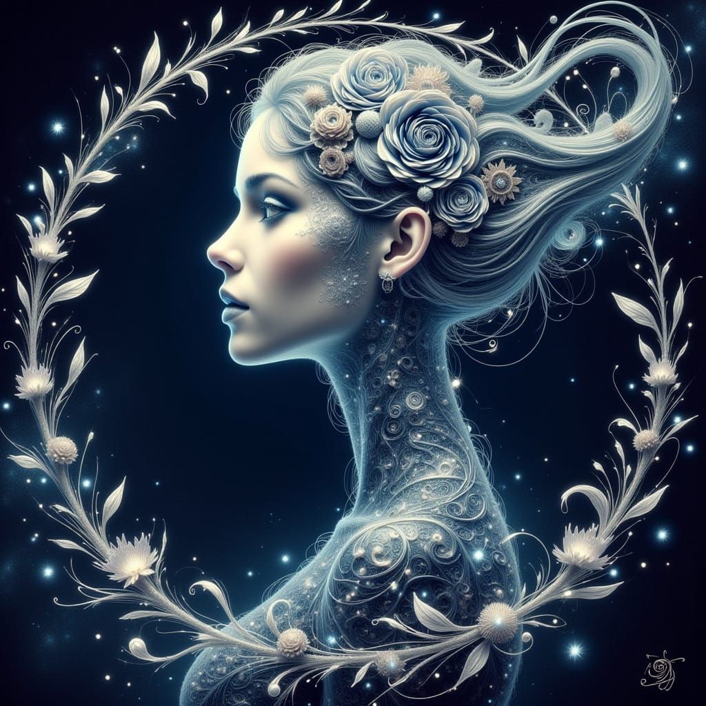 Ethereal Fairy Face in Cosmic Nebula, Art Nouveau Style