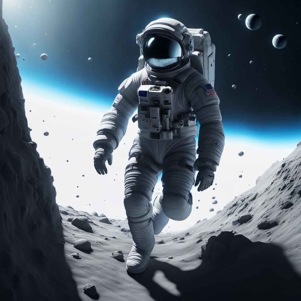 Astronaut Floats Over Blue Planet: Dark Fantasy Art