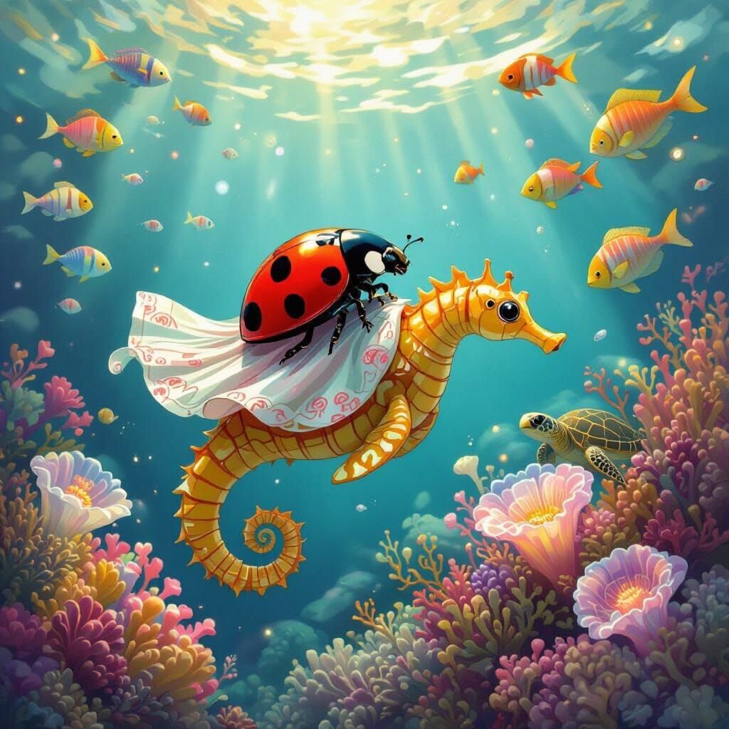 Ladybug and Seahorse Explore Coral Reef, Art Nouveau Style